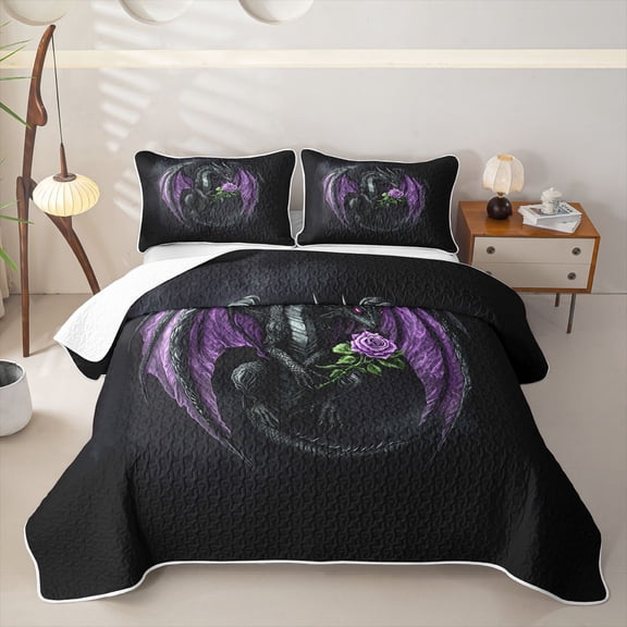 meiyoeat Romantic Gothic Dragon Bed Spread Queen for Boys, Purple Rose Floral Animal Queen Coverlet Set, Dark Plum, 3pcs
