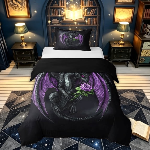 meiyoeat Romantic Gothic Dragon Twin Duvet Cover for Boys, Purple Rose Floral Animal Twin Bedding, Dark Plum, Black Reversible, 2pcs, 1 Duvet Cover and 1 Pillowcase