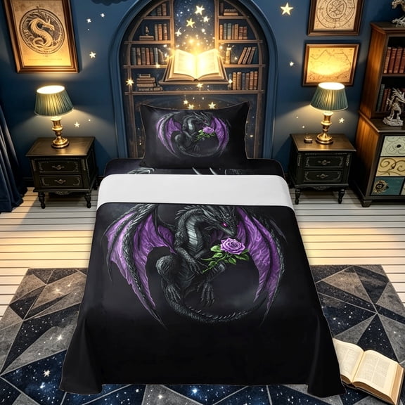 meiyoeat Romantic Gothic Dragon Twin Sheets for Boys, Purple Rose Floral Animal Bedding, Dark Plum, 3pcs, 1 Flat Sheet, 1 Fitted Sheet and 1 Pillowcase