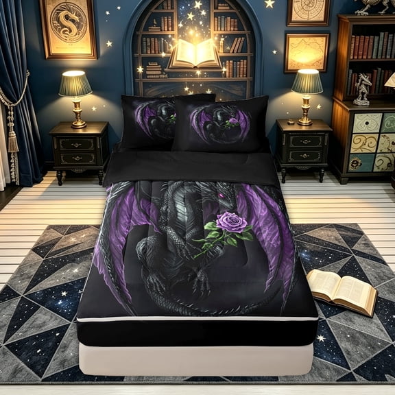 meiyoeat Romantic Gothic Dragon Zipper Twin Comforter Sets with Fitted Sheet and 2 Pillowcases for Boys, Purple Rose Floral Animal Zipper Bedding Set, Dark Plum, Black Reversible, 4pcs