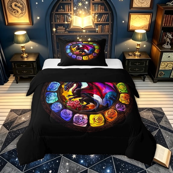 meiyoeat Rose Floral Dragon Twin Comforter Sets for Kids Boys Girls, Cartoon Romantic Animal Bedding Set, Multicolor, Black Reversible, 2pcs, 1 Comforter and 1 Pillowcase