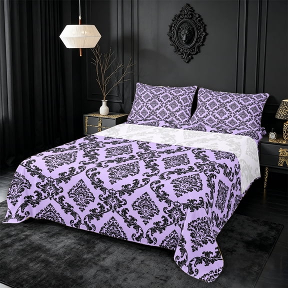 meiyoeat Royal Damask Bed Sheets,For Girls,Elegant Pattern Full Size Sheets For Girl,4pcs,1 Flat Sheet,1 Fitted Sheet and 2 Pillowcases