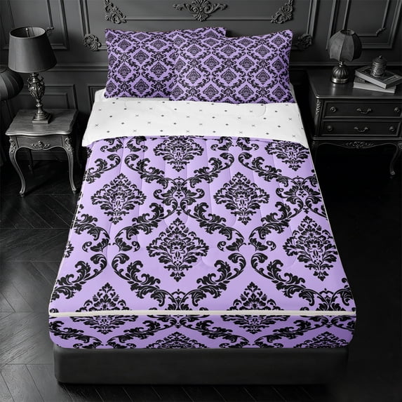 meiyoeat Royal Damask Zipper Twin Comforter Sets with Fitted Sheet and 2 Pillowcases,For Girls,Elegant Pattern Zipper Bedding Set For Girl,Reversible,4 Pieces