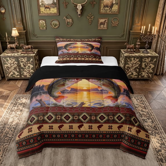 meiyoeat Rustic Aztec Frame Sunset Bass Fishing Twin Comforter Sets for Men, Lake Wave Wildlife Bedding Set, Brown Gold, Black Reversible, 2-Piece, 1 Comforter and 1 Pillowcase