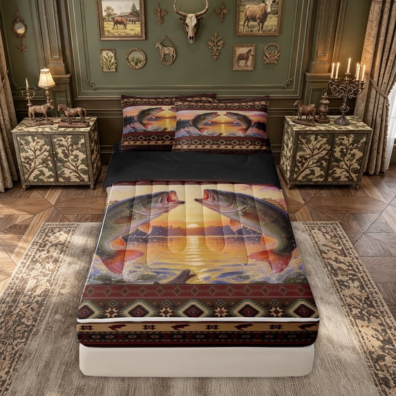 meiyoeat Rustic Aztec Frame Sunset Bass Fishing Zipper Twin Comforter Sets with Fitted Sheet and 2 Pillowcases for Men, Lake Wave Wildlife Zipper Bedding Set, Brown Gold, Black Reversible, 4-Piece