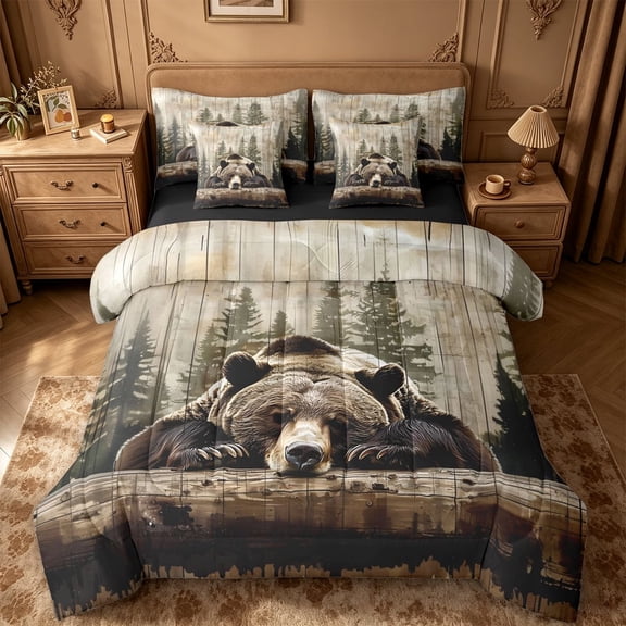 meiyoeat Rustic Bear Wood 7-Piece King Bedding For Boys, Vintage Farmhouse Cabin King Bed in a Bag For Kids,Black Reversible