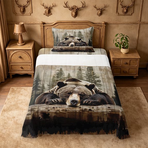 meiyoeat Rustic Bear Wood Twin Sheets For Boys, Vintage Farmhouse Cabin Bedding For Kids,3-Piece