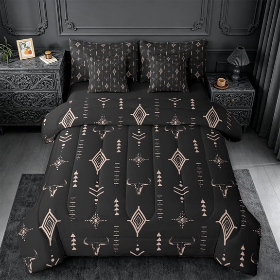 meiyoeat Rustic Bull Skull 7-Piece King Bedding For Boys,Vintage Western Aztec Geometric Pattern King Bed in a Bag For Men,Black Reversible