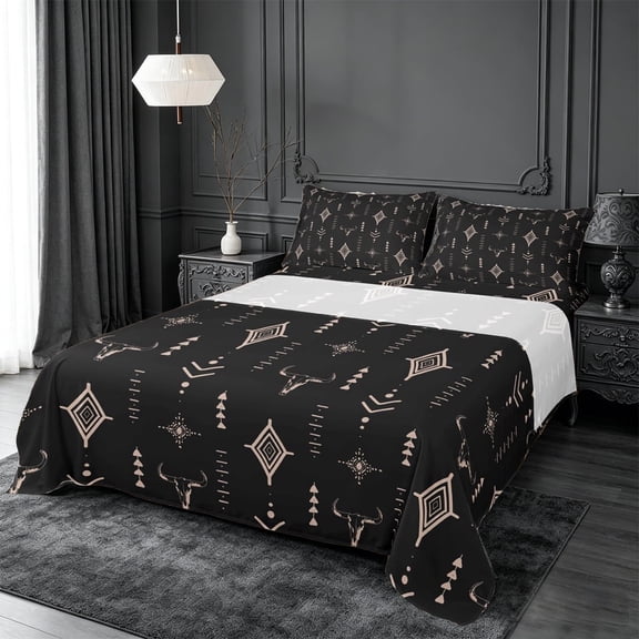 meiyoeat Rustic Bull Skull Queen Sheets For Boys,Vintage Western Aztec Geometric Pattern Queen Sheet Sets For Men,4 Pieces