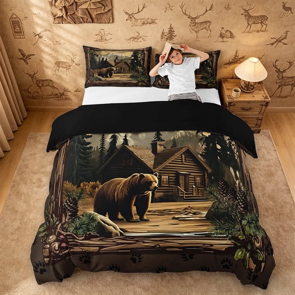 meiyoeat Rustic Cabin Bear Duvet Cover Queen For Boys,Jungle Animal Theme Queen Bedding For Adults,Black Reversible,3-Piece(No Comforter)