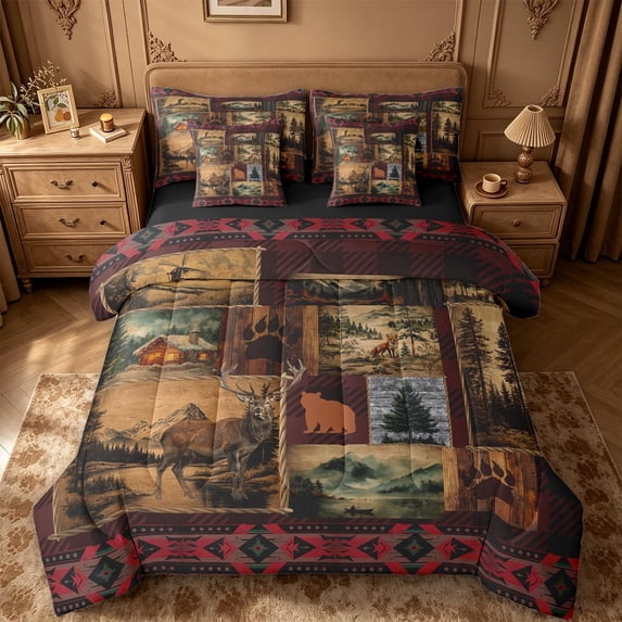 meiyoeat Rustic Cabin Deer 7pcs Queen Bedding,Jungle Wildlife Bedding Comforter Set Queen For Men Women,Black Reversible
