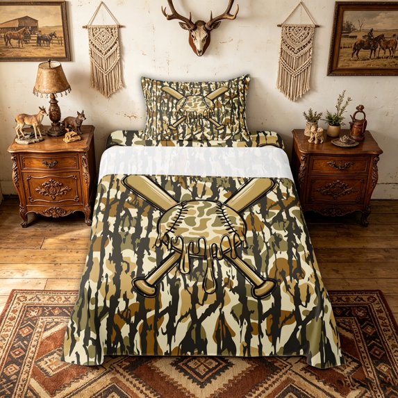 meiyoeat Rustic Camo Baseball Twin Sheets for Boys, Grunge Camouflage Bat Bedding, Olive, 3 Pieces, 1 Flat Sheet, 1 Fitted Sheet and 1 Pillowcase