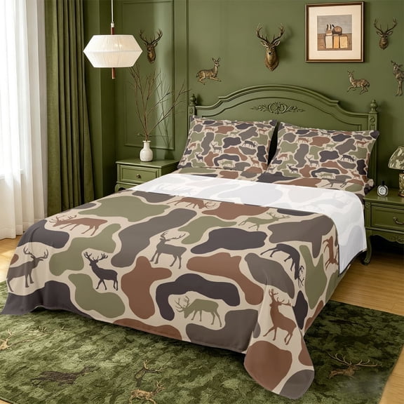 meiyoeat Rustic Camo Deer Queen Sheets,Jungle Animal Camouflage Silhouette Queen Sheet Sets For Men Women, Brown Beige,4pcs