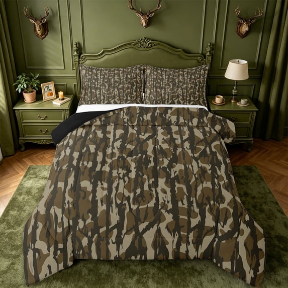 meiyoeat Rustic Camouflage Print Full Size Comforter Sets For Kids,Retro Farmhouse Camo Hunting Bedding Comforter Set For Boys,Black Reversible,3Pcs