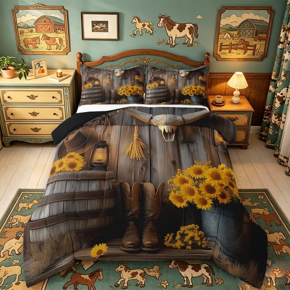meiyoeat Rustic Cowboy Art Full Size Comforter Sets For Boys,Western Print Bedding Comforter Set,Reversible,3-Piece,1 Comforter and 2 Pillowcases