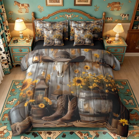 meiyoeat Rustic Cowboy Style 7 Pieces Full Size Bedding Sets For Boys,Cute Floral Sunflower Full Size Bed in a Bag,Reversible