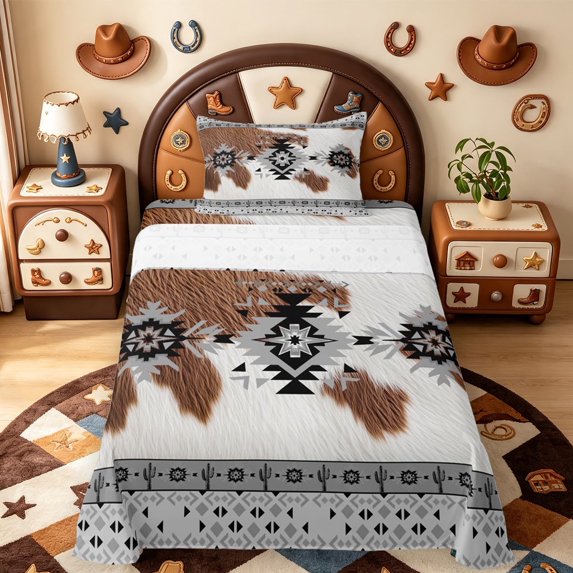 meiyoeat Rustic Cowhide Twin Sheets,Tribal Aztec Bedding For Boys,Black White,3-Piece1 Flat Sheet, 1 Fitted Sheet and 1 Pillowcase