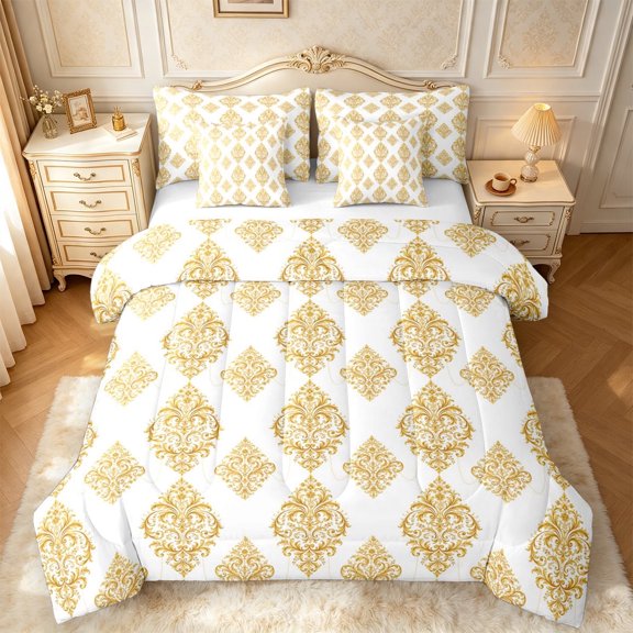 meiyoeat Rustic Damask 7-Piece King Bedding,Retro Print King Bed in a Bag For Adults,Gold White,Reversible
