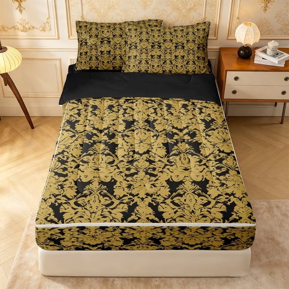 meiyoeat Rustic Damask Zipper Queen Comforter Set with Fitted Sheet and 2 Pillowcases,Retro Print Zipper Bedding Set For Adults,Gold Black,Black Reversible,4 Pieces