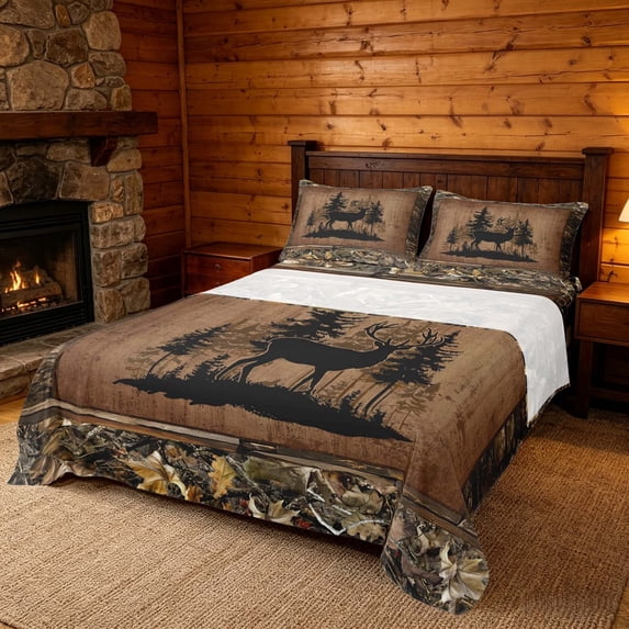 meiyoeat Rustic Deer Jungle Queen Sheet Sets, Vintage Woodland Deer Bed Set, Brown Black, 4-Piece, 1 Flat Sheet, 1 Fitted Sheet and 2 Pillowcases