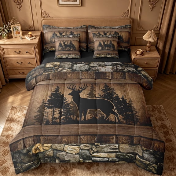 meiyoeat Rustic Deer Silhouette 7pcs Queen Bedding For Kids,Jungle Wildlife Bedding Comforter Set Queen For Boys,Black Reversible