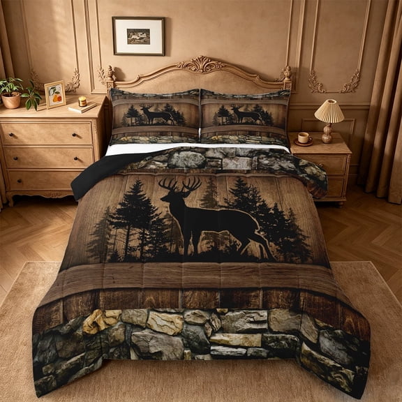 meiyoeat Rustic Deer Silhouette Queen Comforter Set For Kids,Jungle Wildlife Comforter Sets Queen For Boys,Black Reversible,3pcs