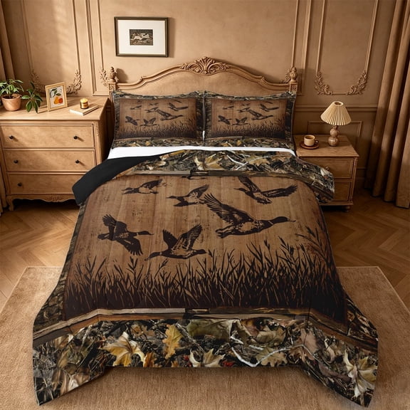 meiyoeat Rustic Duck Silhouette Queen Comforter Set, Vintage Farmhouse Hunting Comforter Sets Queen For Men Women,Black Reversible,3 Pieces