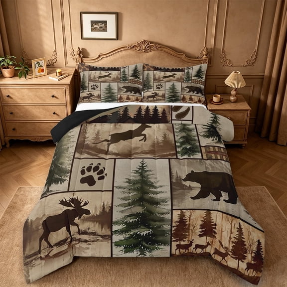 meiyoeat Rustic Farmhouse Cabin Queen Comforter Set For Boys,Jungle Wildlife Deer Bear Comforter Sets Queen For Kids,Black Reversible,3 Pieces