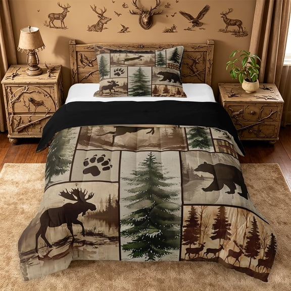 meiyoeat Rustic Farmhouse Cabin Twin Comforter Sets For Boys,Jungle Wildlife Deer Bear Bedding Set For Kids,Black Reversible,2Pcs