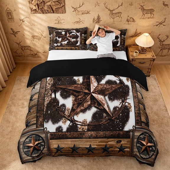 meiyoeat Rustic Farmhouse Cowhide Duvet Cover Queen For Boys,Retro 3D Texas Stars Pattern Queen Bedding For Kids,Black Reversible,3 Pieces(No Comforter)