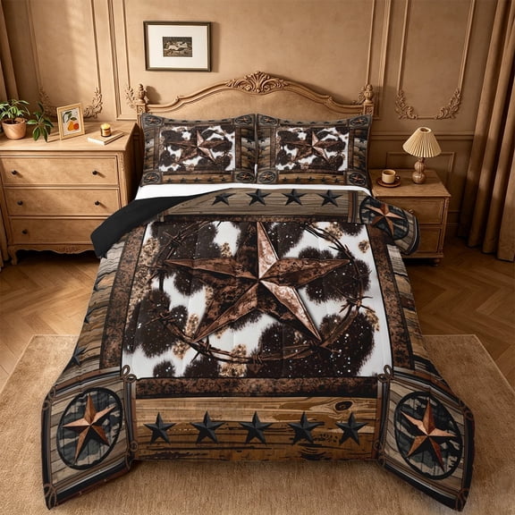 meiyoeat Rustic Farmhouse Cowhide Queen Comforter Set For Boys,Retro 3D Texas Stars Pattern Comforter Sets Queen For Kids,Black Reversible,3 Pieces