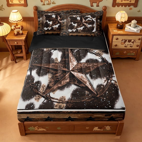 meiyoeat Rustic Farmhouse Cowhide Zipper Full Size Comforter Sets with Fitted Sheet and 2 Pillowcases For Boys,Retro 3D Texas Stars Pattern Zipper Bedding Set For Kids,Black Reversible,4 Pieces