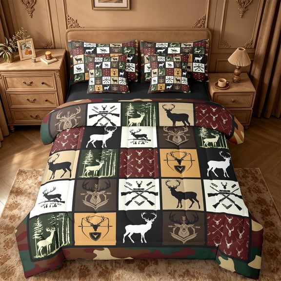 meiyoeat Rustic Farmhouse Hunting 7pcs Queen Bedding For Boys,Safari Deer Patchwork Plaid Pattern Bedding Comforter Set Queen,Black Reversible