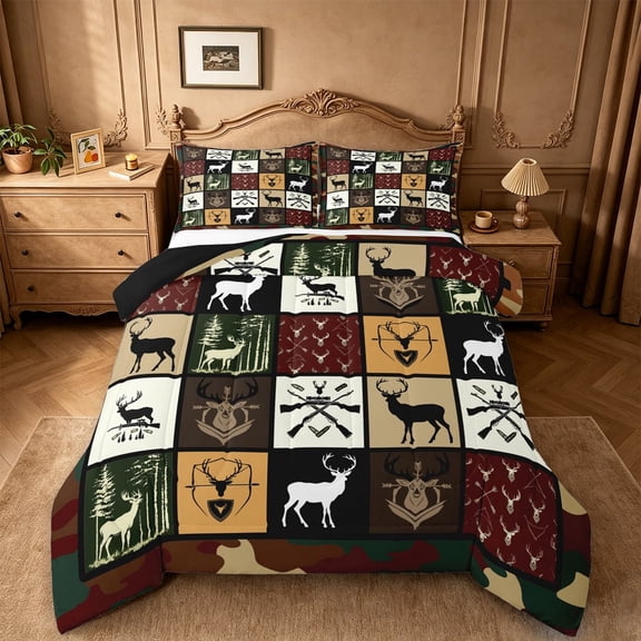 meiyoeat Rustic Farmhouse Hunting Queen Comforter Set For Boys,Safari Deer Patchwork Plaid Pattern Comforter Sets Queen,Black Reversible,3-Piece
