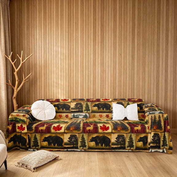 meiyoeat Rustic Farmhouse Lodge Cabin Sofa Cover Slipcover 71x91, Wild Bear Deer Chair Loveseat Couch Cover