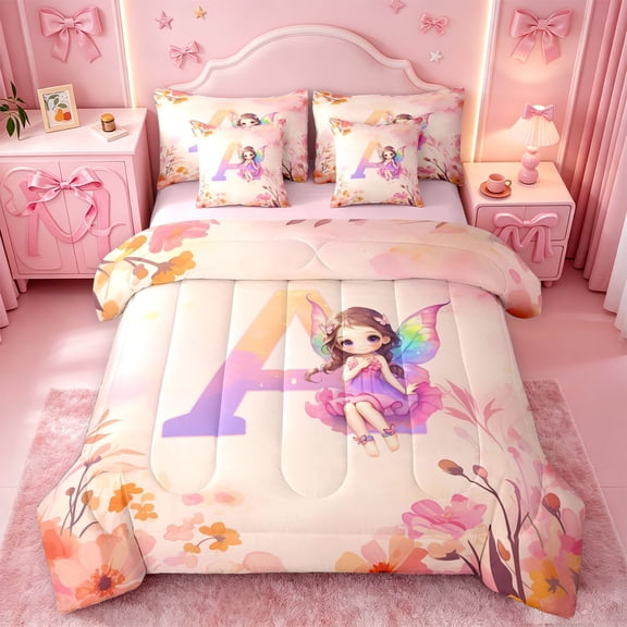 meiyoeat Rustic Flower Monogrammed A 7-Piece Twin Bedding,Kawaii Girls Bedding Comforter Set For Girl,Pink Reversible