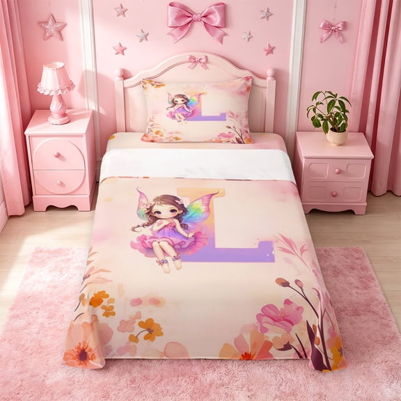 meiyoeat Rustic Flower Monogrammed L Twin Sheets,Kawaii Girls Bedding For Girl,3-Piece,1 Fitted Sheet and 1 Pillowcase