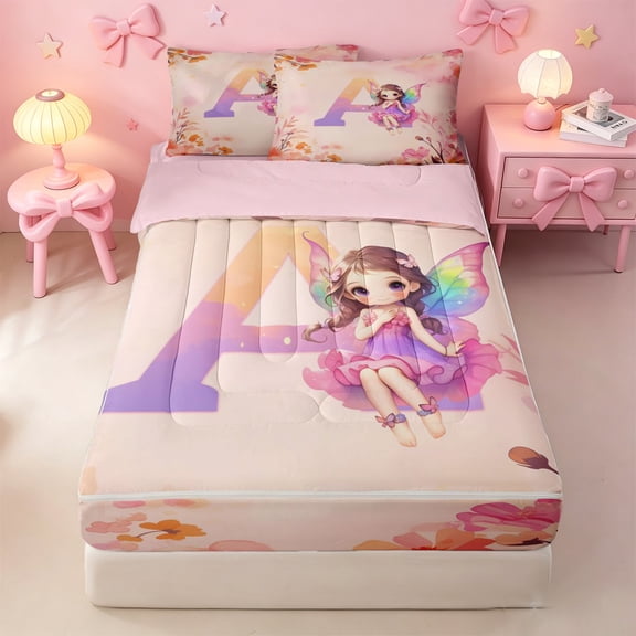 meiyoeat Rustic Flower Monogrammed A Zipper Twin Comforter Sets with Fitted Sheet and 2 Pillowcases,Kawaii Girls Zipper Bedding Set For Girl,Pink Reversible,4 Pieces