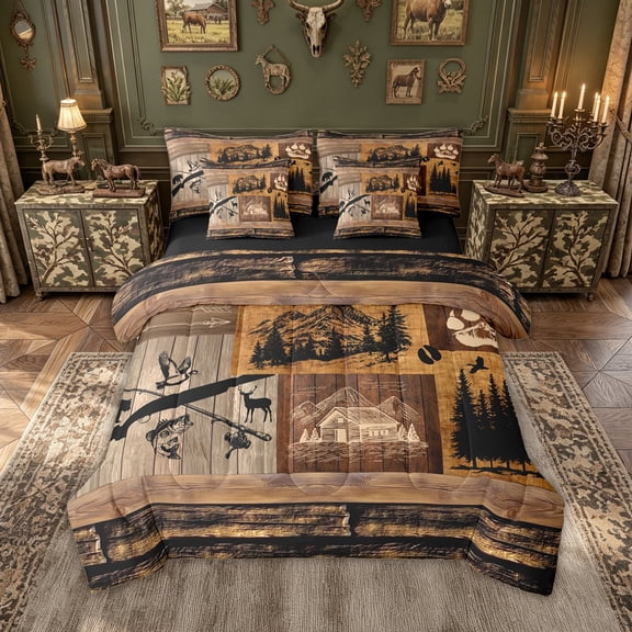 meiyoeat Rustic Forest Fishing Full Size Bedding Sets for Men, Wooden Lake House Full Size Bed in a Bag, Brown, Black Reversible, 7 Pieces