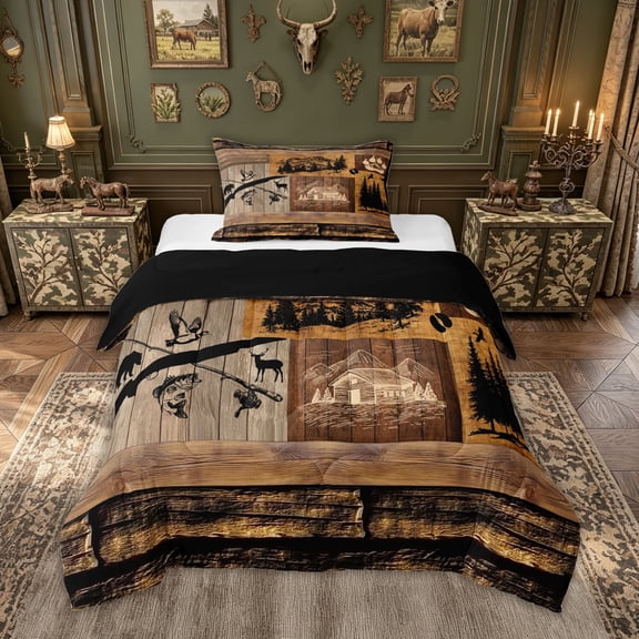 meiyoeat Rustic Forest Fishing Twin Comforter Sets for Men, Wooden Lake House Bedding Set, Brown, Black Reversible, 2 Pieces, 1 Comforter and 1 Pillowcase