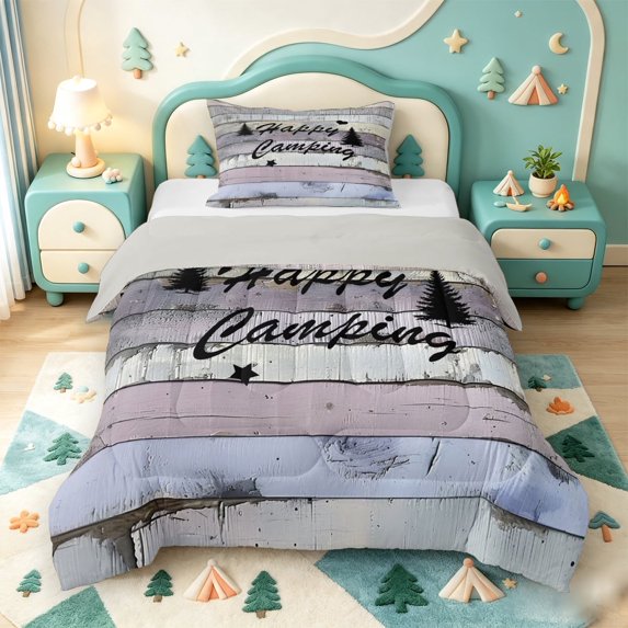 meiyoeat Rustic Happy Camping Twin Comforter Sets,Vintage Farmhouse Cabin Bedding Set For Boys,Light Gray Reversible,2pcs,1 Comforter and 1 Pillowcase