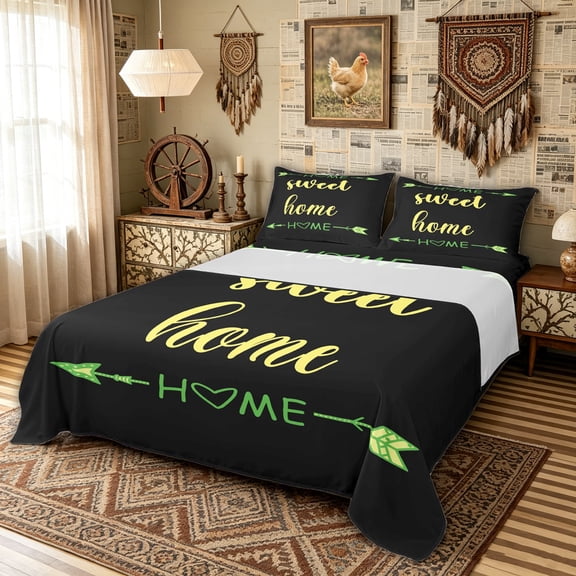 meiyoeat Rustic Home Sweet Bed Sheets for Adults Men Women, Arrow Quote Full Size Sheets, Black, Black Reversible, 1 Flat Sheet, 1 Fitted Sheet and 2 Pillowcases