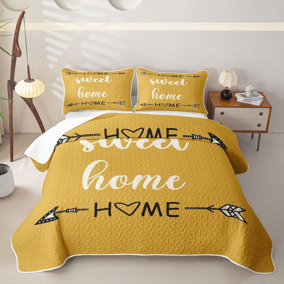 meiyoeat Rustic Home Sweet Bed Spread Queen for Adults Men Women, Arrow Quote Queen Coverlet Set, Mustard Yellow, 3 Pieces