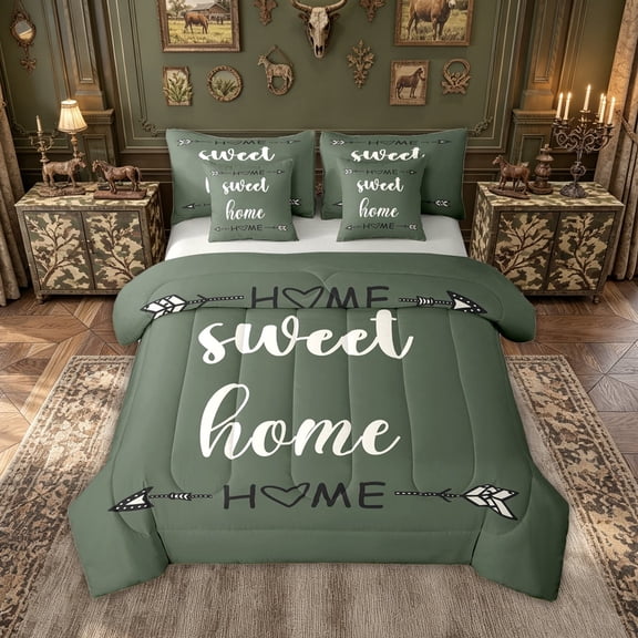 meiyoeat Rustic Home Sweet Full Size Bedding Sets for Adults Men Women, Arrow Quote Full Size Bed in a Bag, Sage Green, Grey Reversible, 7-Piece