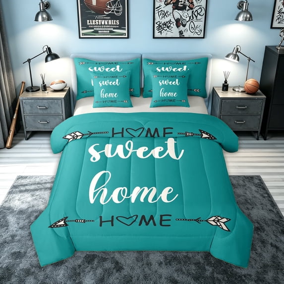meiyoeat Rustic Home Sweet Full Size Bedding Sets for Adults Men Women, Arrow Quote Full Size Bed in a Bag, Teal, Grey Reversible, 7-Piece