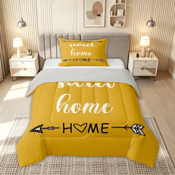 meiyoeat Rustic Home Sweet Twin Comforter Sets for Adults Men Women, Arrow Quote Bedding Set, Mustard Yellow, Grey Reversible, 2 Pieces, 1 Comforter and 1 Pillowcase
