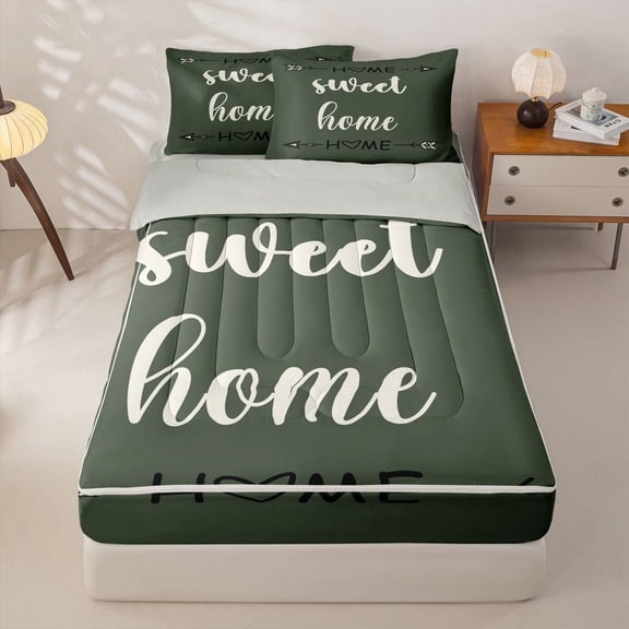 meiyoeat Rustic Home Sweet Zipper Comforter Set with Fitted Sheet and 2 Pillowcases for Adults Men Women, Arrow Quote Zipper Bedding Set, Sage Green, Grey Reversible, 3-Piece