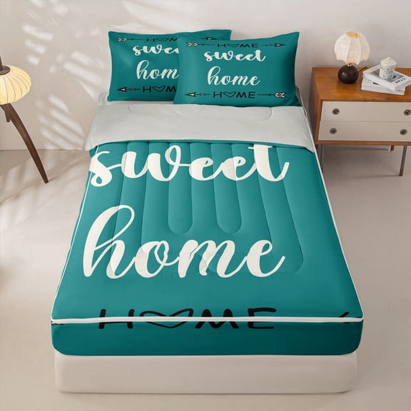 meiyoeat Rustic Home Sweet Zipper Comforter Set with Fitted Sheet and 2 Pillowcases for Adults Men Women, Arrow Quote Zipper Bedding Set, Teal, Grey Reversible, 3-Piece