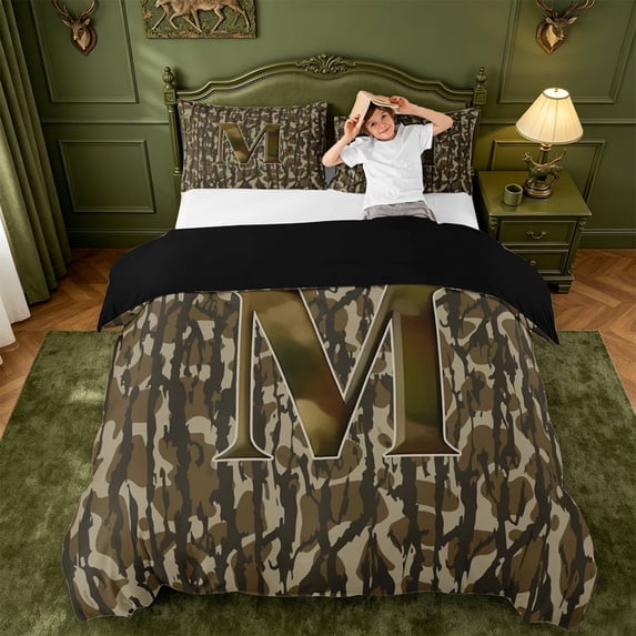 meiyoeat Rustic Hunting Camo Duvet Cover Queen For Boys,Green Initial Letter M Queen Bedding For Men,Black Reversible,3 Pieces(No Comforter)