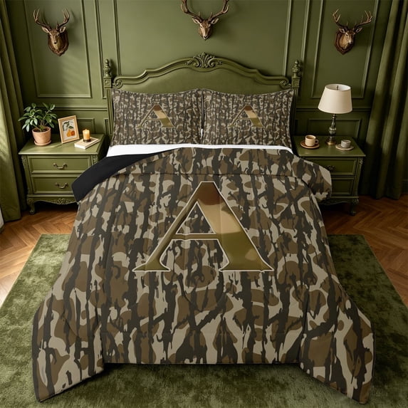 meiyoeat Rustic Hunting Camo Queen Comforter Set For Boys,Green Initial Letter A Comforter Sets Queen For Men,Black Reversible,3 Pieces